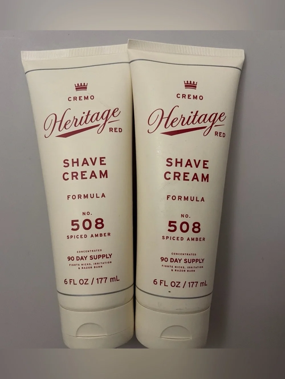 (2) Cremo Heritage Red No. 508 Spiced Amber Shave Cream- 3month Supply each